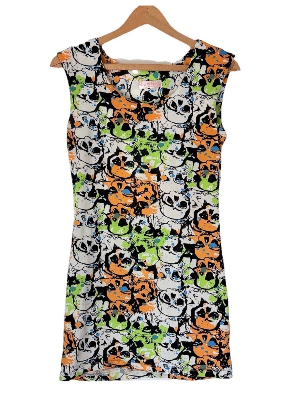 Women’s Sleeveless Sheath Stretch Mini Dress Green Orange Skull Pattern Size S